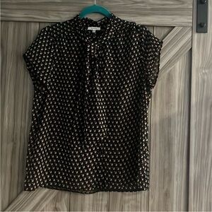 Pleione Black‎ with Cream/Orange pattern Tie Front Short Sleeve Blouse